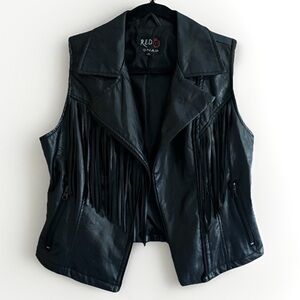 Red Snap Black Faux Leather Fringe Moto Vest M Cropped Biker Festival Western